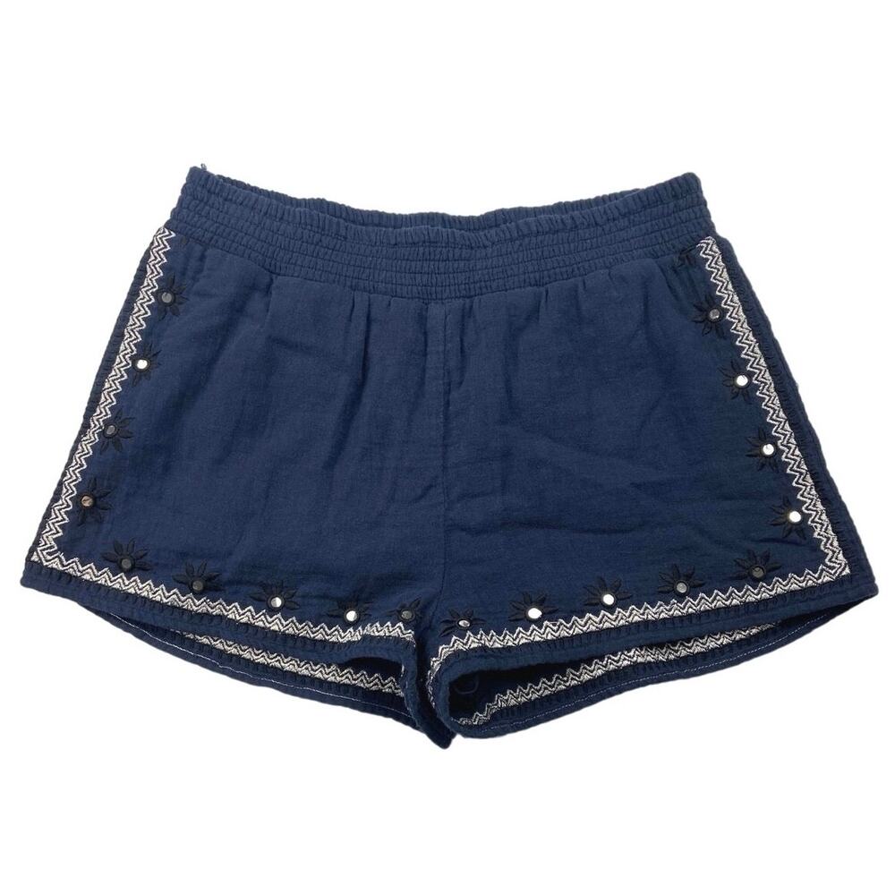Miami Navy Blue Embroidered Sequin Rhinestone Floral Print Cotton Shorts Size S